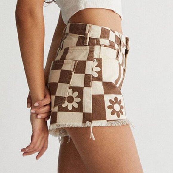 PacSun Eco Flower Checkerboard High Waisted Denim Festival Shorts Fringe Hem, 26 - Picture 3 of 15